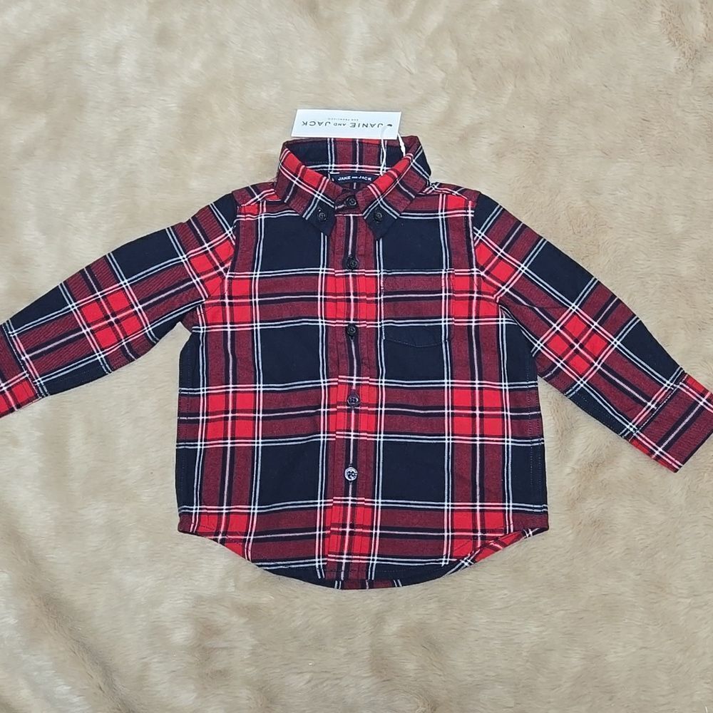 JANIE AND JACK RED AND NAVY BLUE PLAID BUTTON DOWN DRESS SHIRT, SIZE 6-12 MONTHS